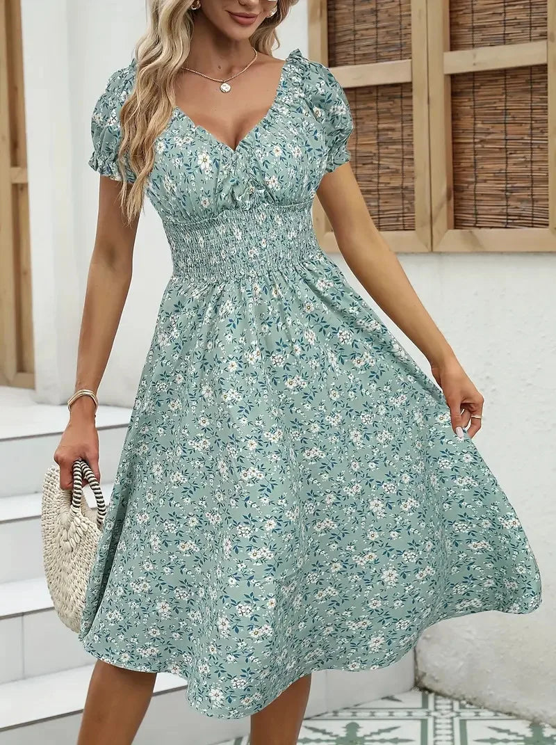 Summer Floral Bubble Sleeve Dress