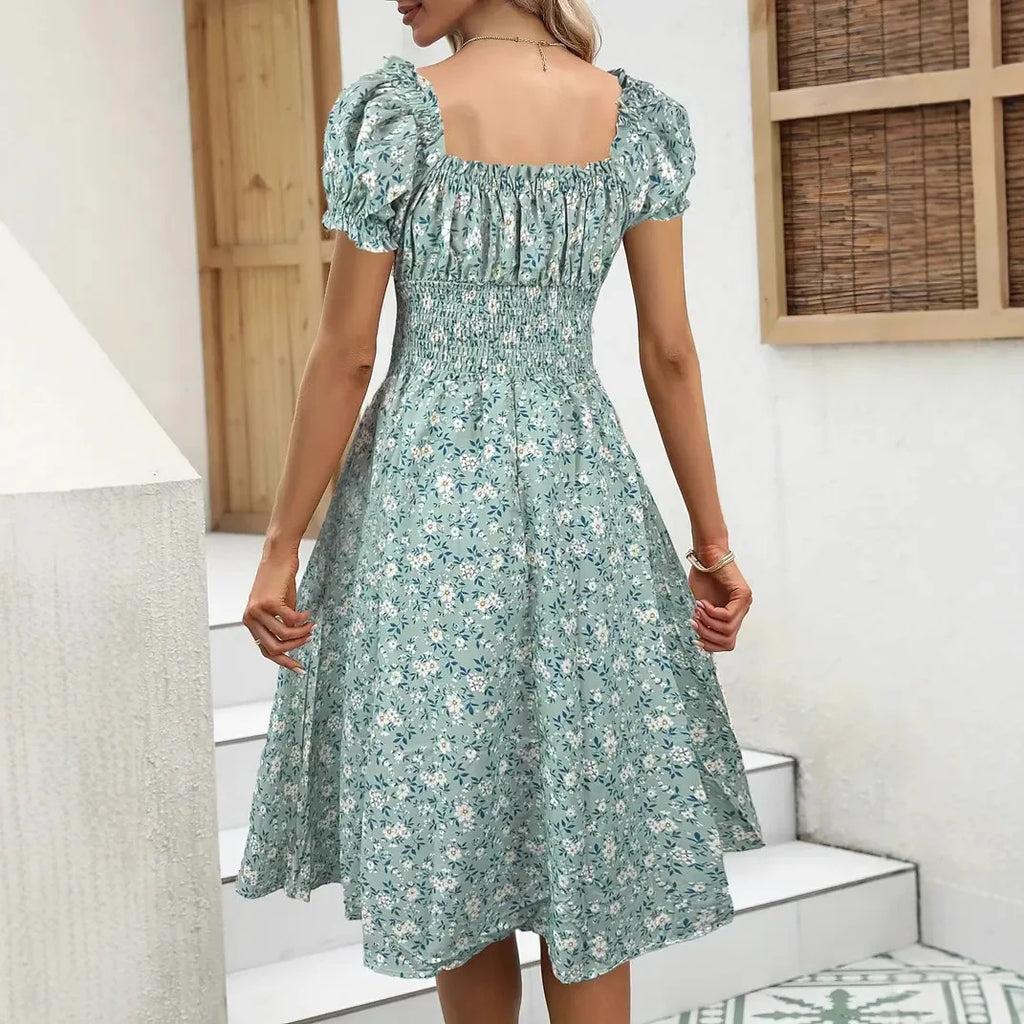 Summer Floral Bubble Sleeve Dress