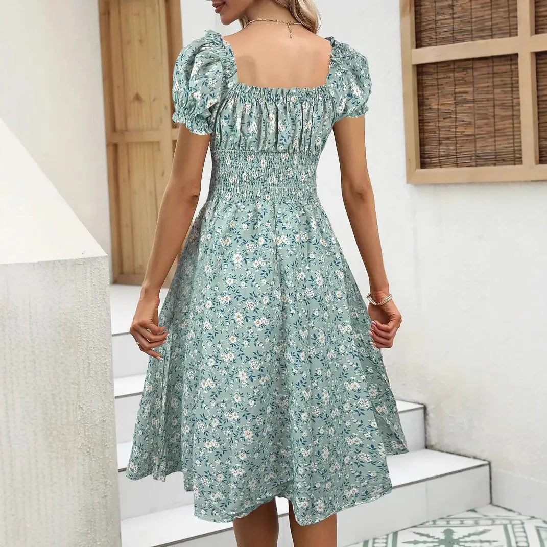 Summer Floral Bubble Sleeve Dress
